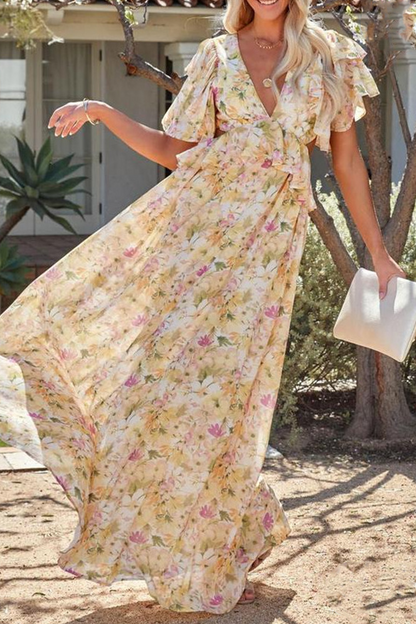 Print Flounce V Neck Cake Skirt Dresses