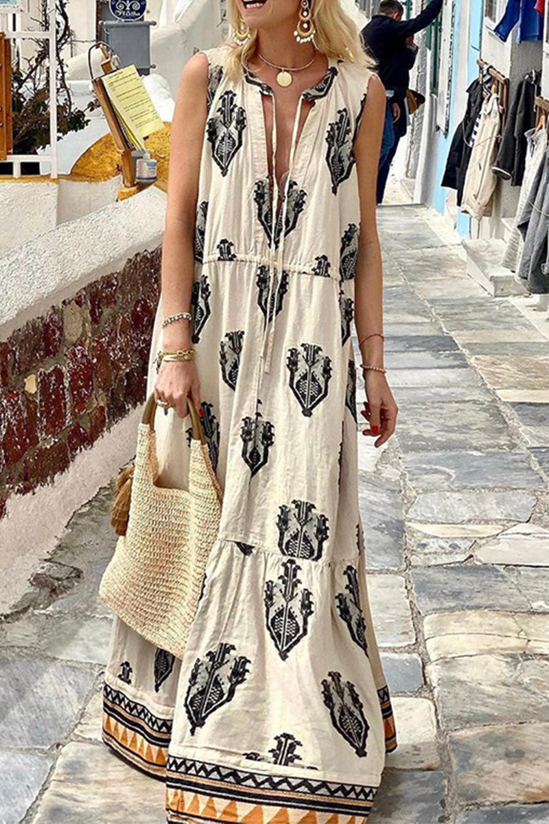 Print V Neck Cake Skirt Dresses(3 Colors)