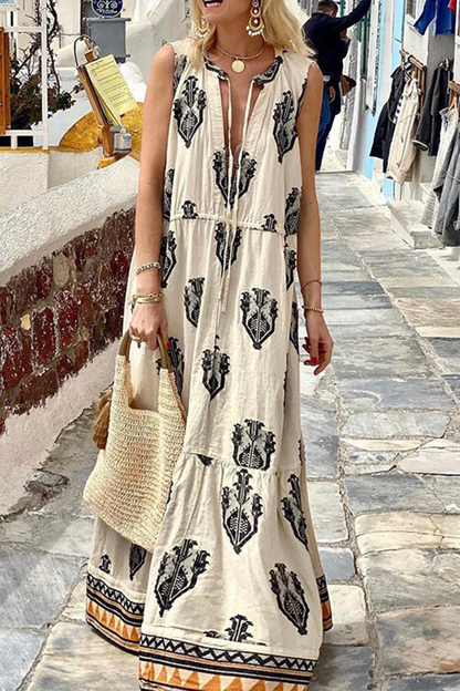 Print V Neck Cake Skirt Dresses(3 Colors)