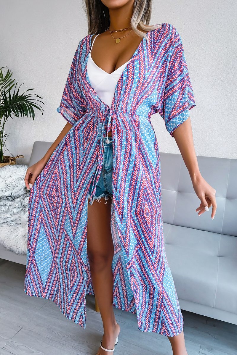 Print Split Joint Cardigan Collar Waist Skirt Dresses(3 Colors)