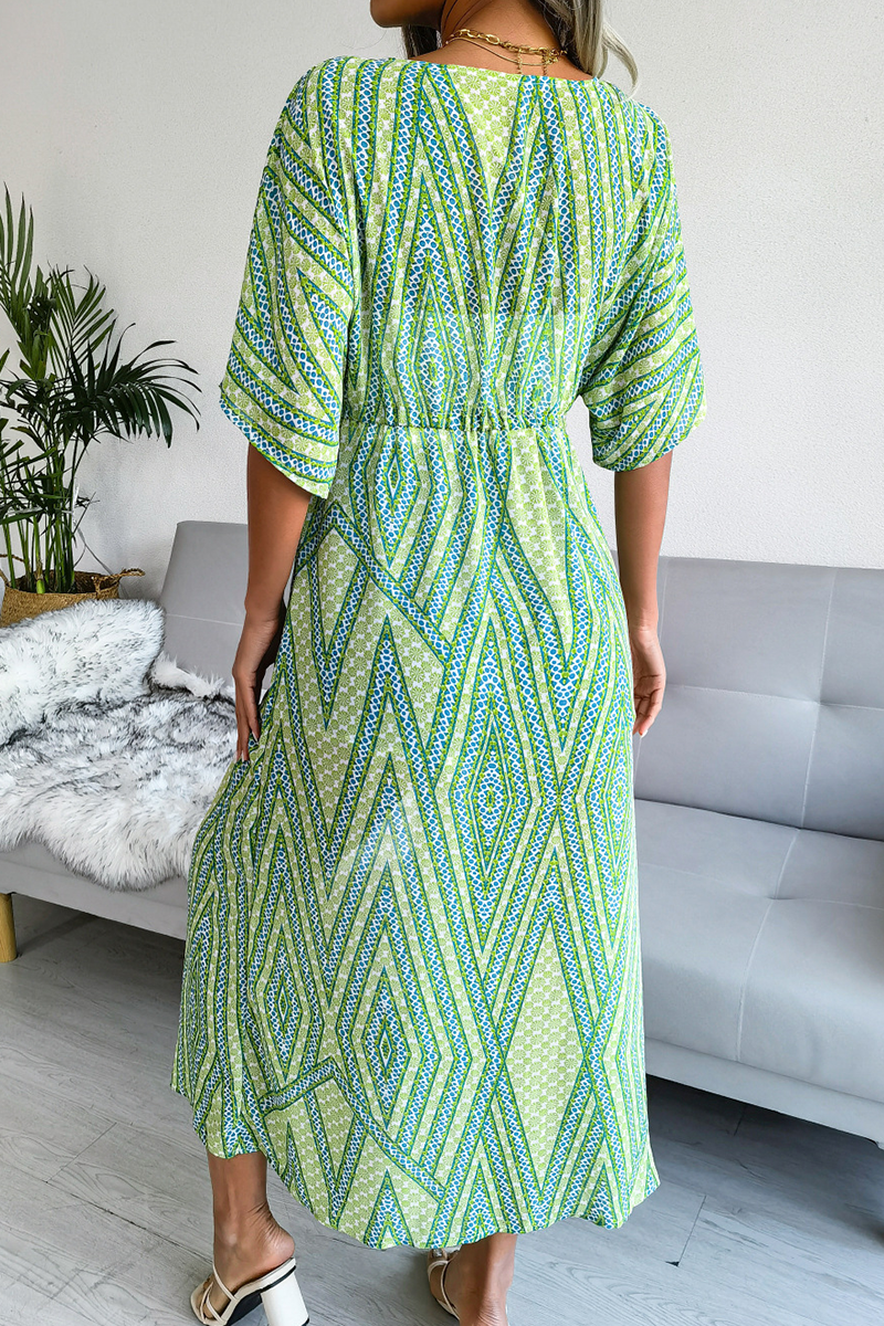 Print Split Joint Cardigan Collar Waist Skirt Dresses(3 Colors)