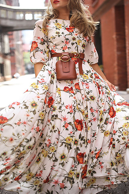 Print O Neck Cake Skirt Dresses(3 Colors)