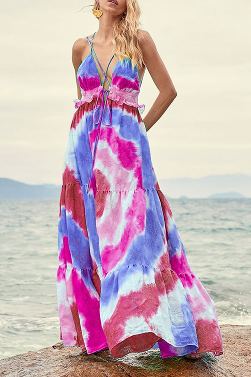 Print Split Joint Spaghetti Strap Cake Skirt Dresses(3 Colors)