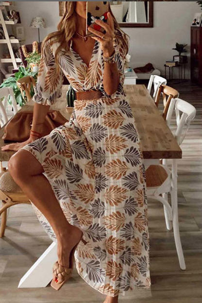 Print V Neck Cake Skirt Dresses