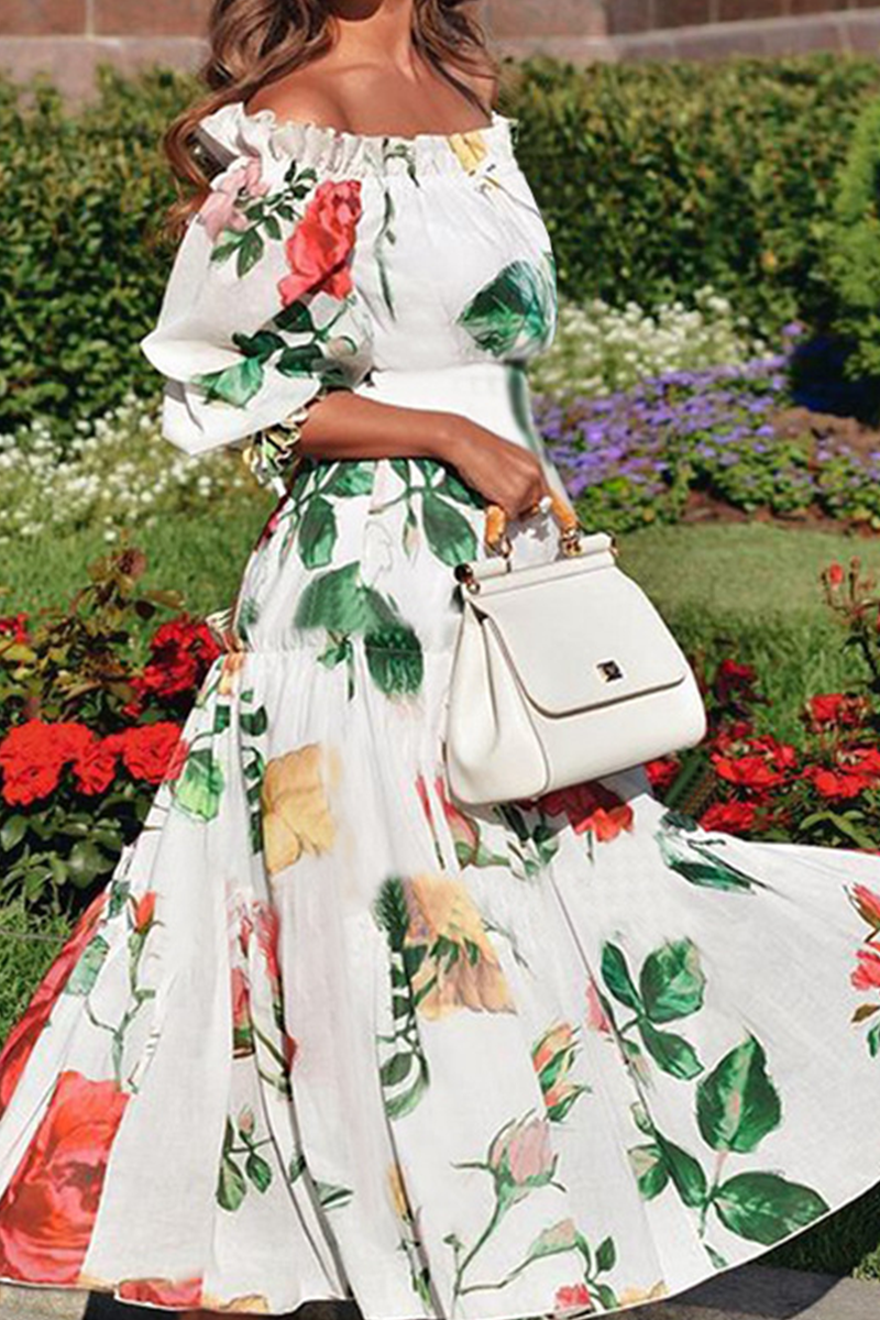 Print Flounce Off the Shoulder Cake Skirt Dresses