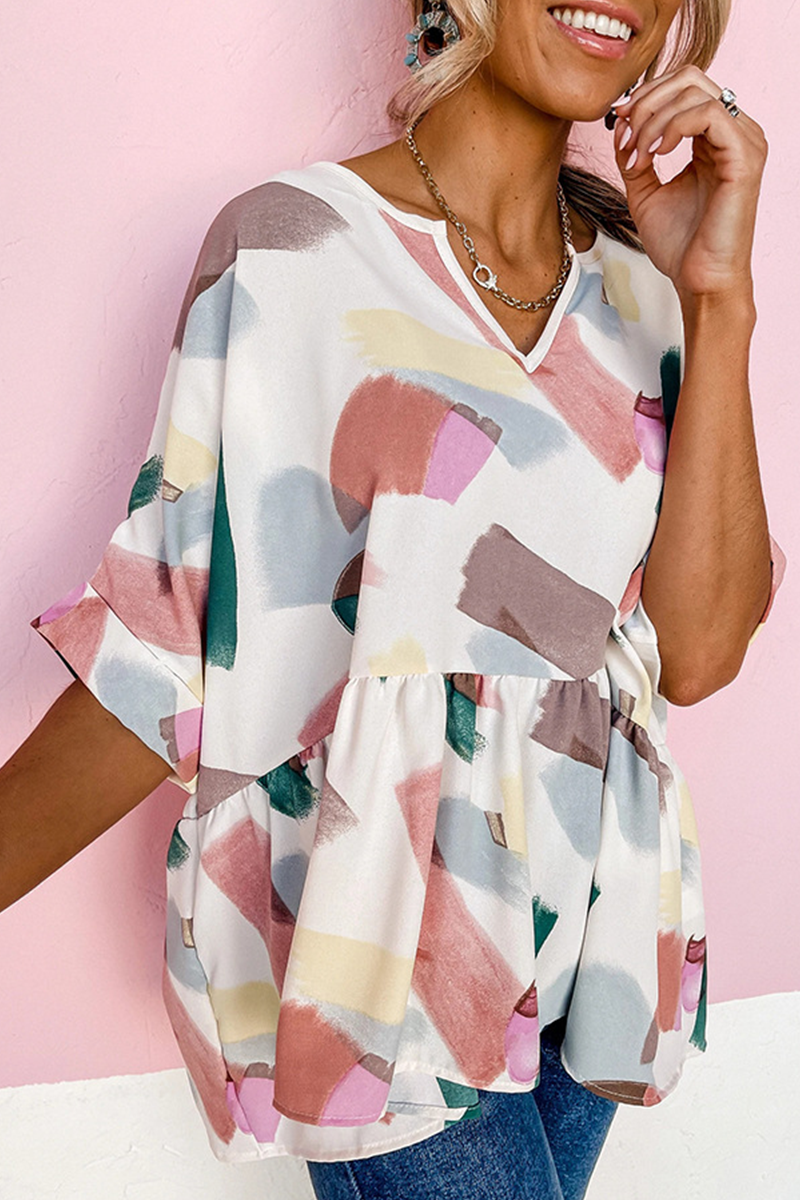 Print Flounce V Neck T-shirts
