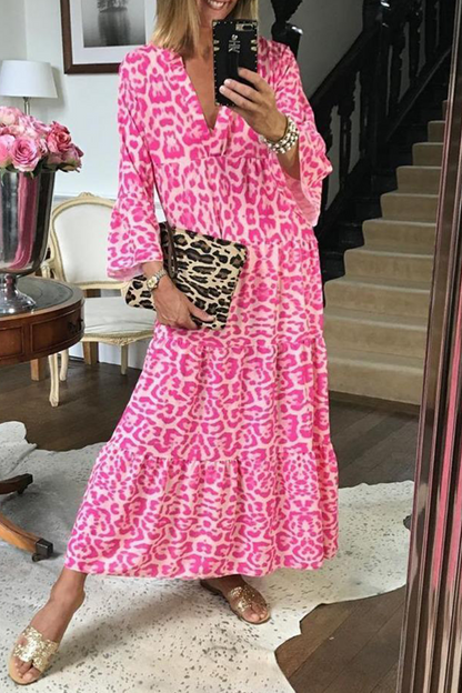 Print V Neck Cake Skirt Dresses