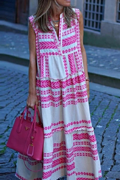 Print V Neck Cake Skirt Dresses