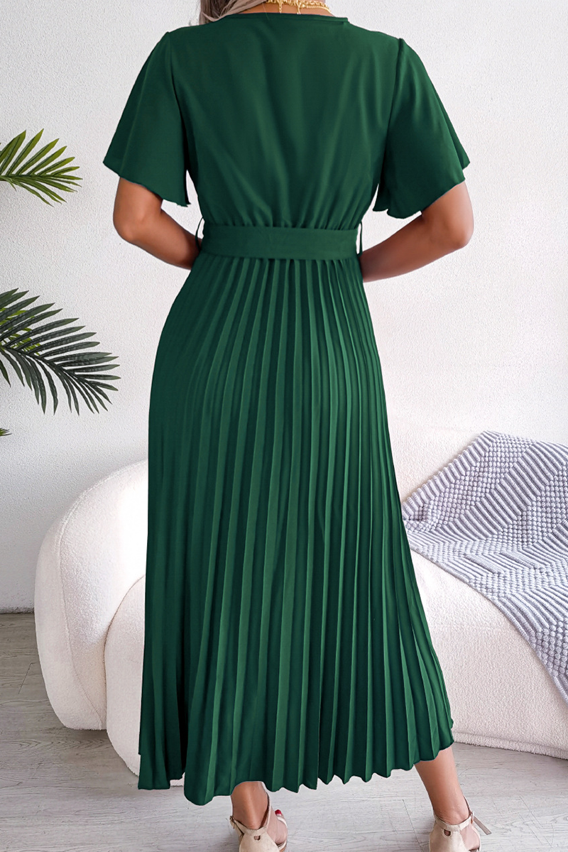 Fold V Neck Waist Skirt Dresses(3 Colors)