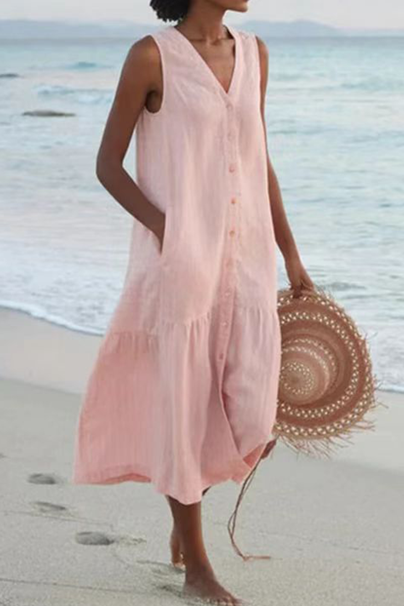 Buckle V Neck Cake Skirt Dresses
