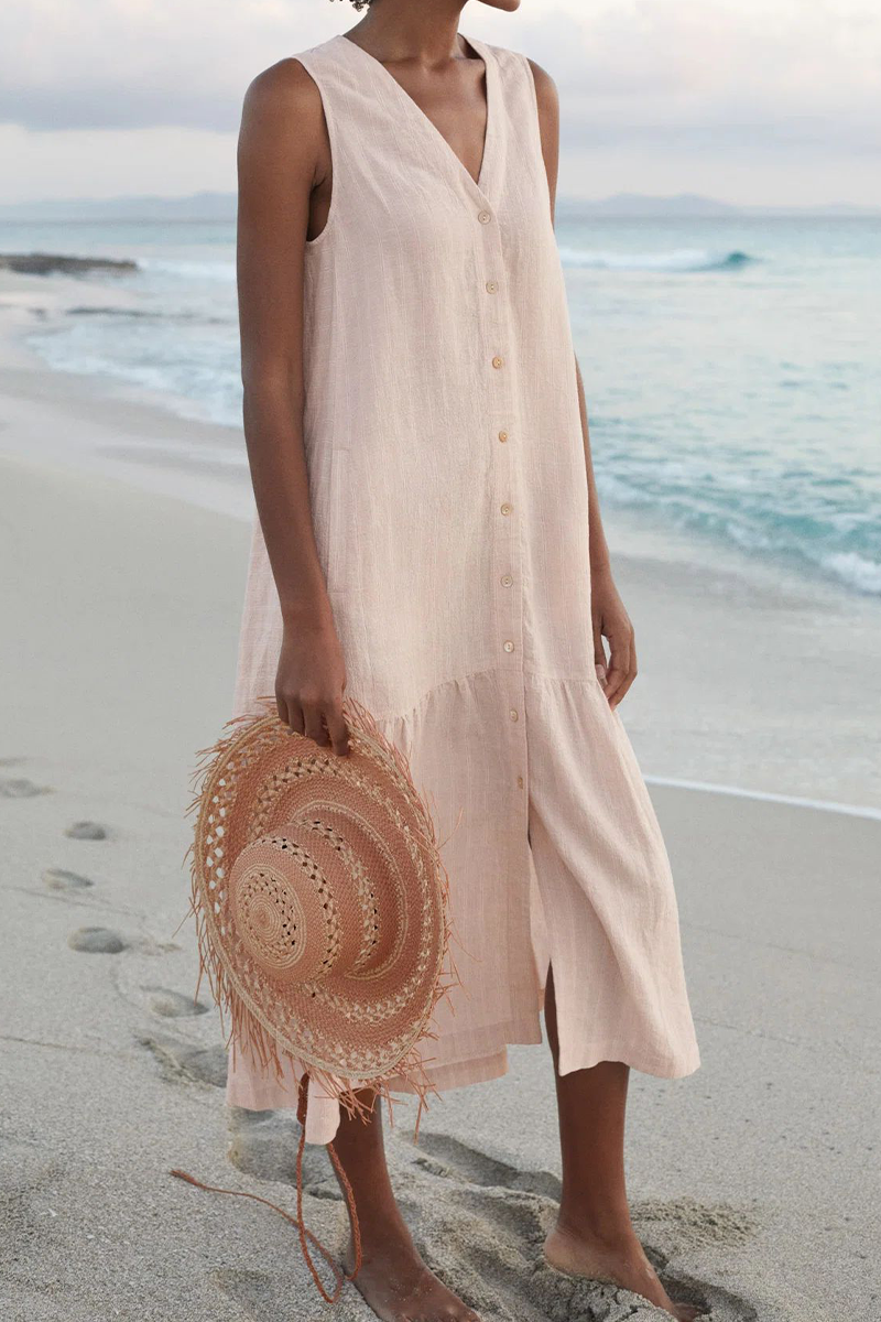 Buckle V Neck Cake Skirt Dresses