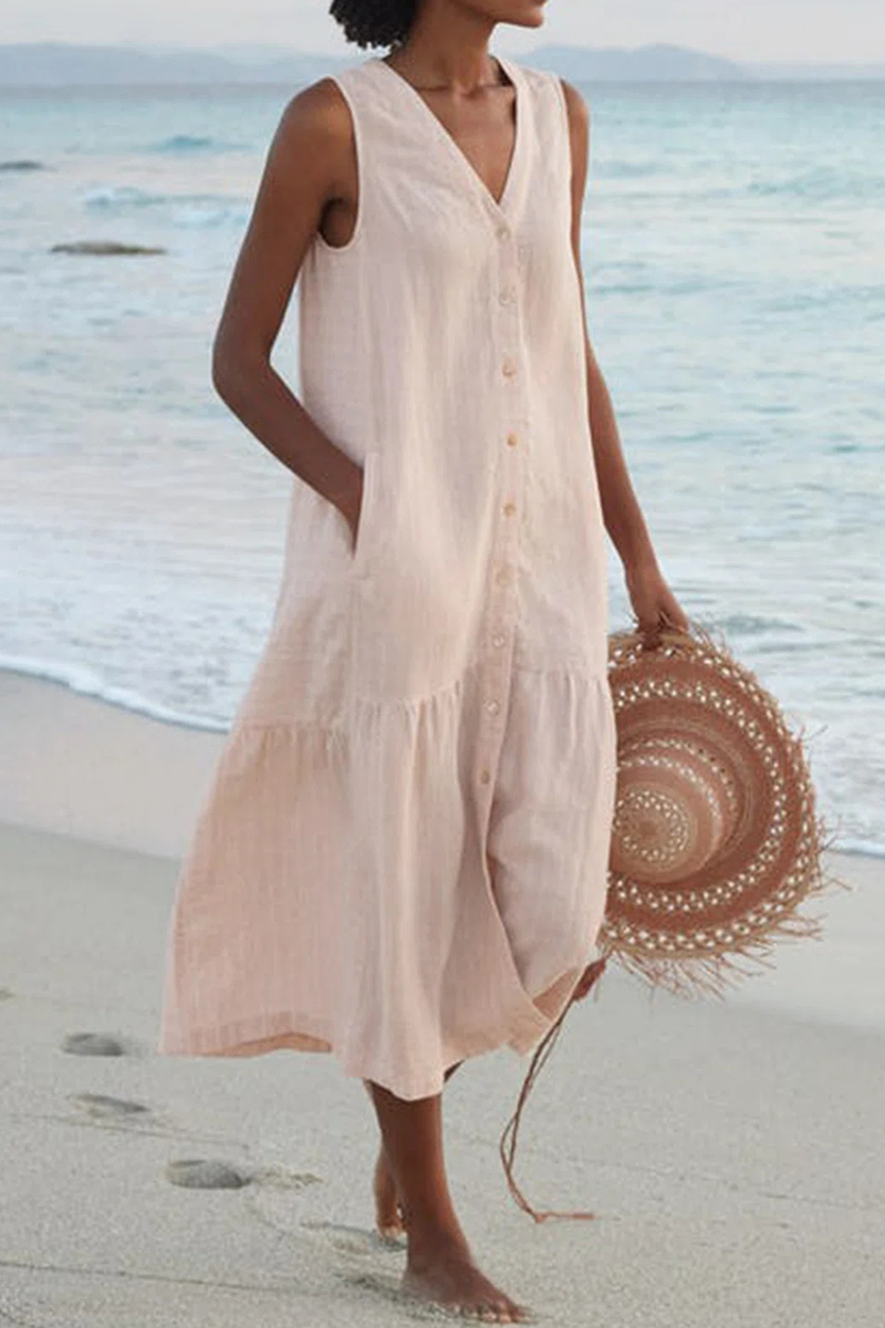Buckle V Neck Cake Skirt Dresses