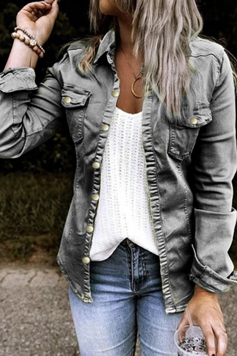 Adult Cardigan Turndown Collar Long Sleeve Regular Denim