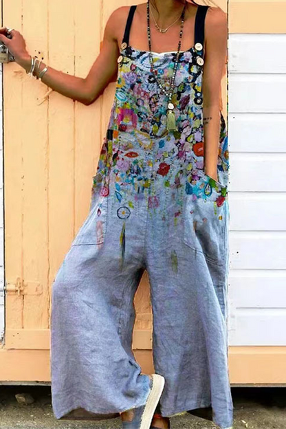 Print Square Collar Loose Jumpsuits(6 Colors)