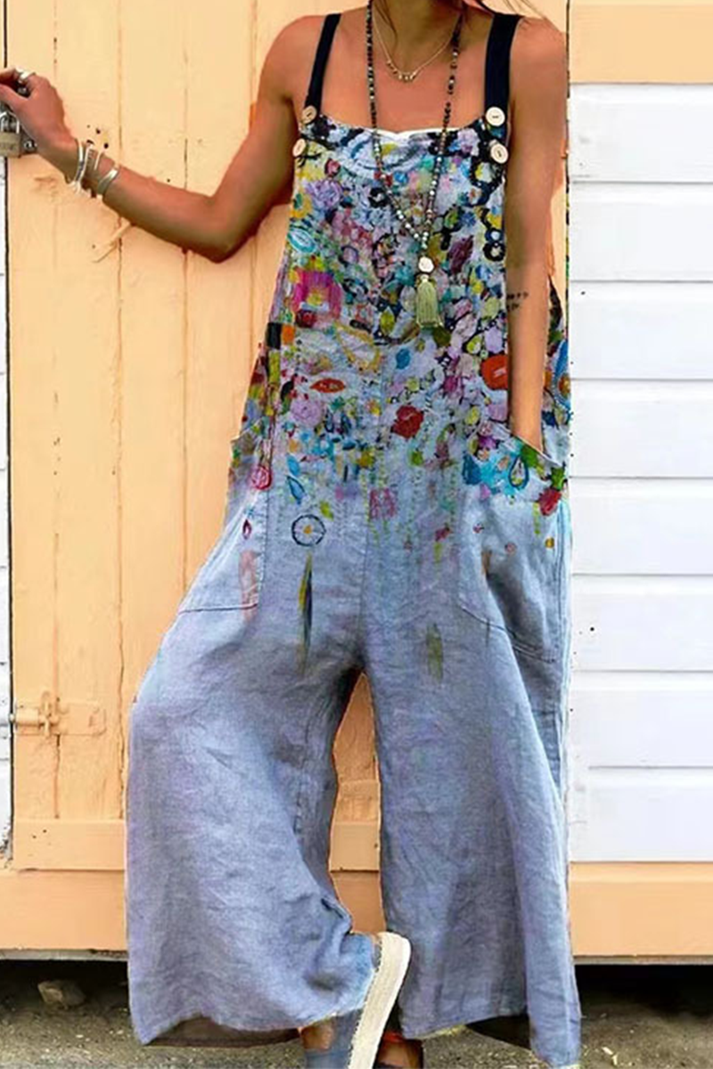 Print Square Collar Loose Jumpsuits(6 Colors)