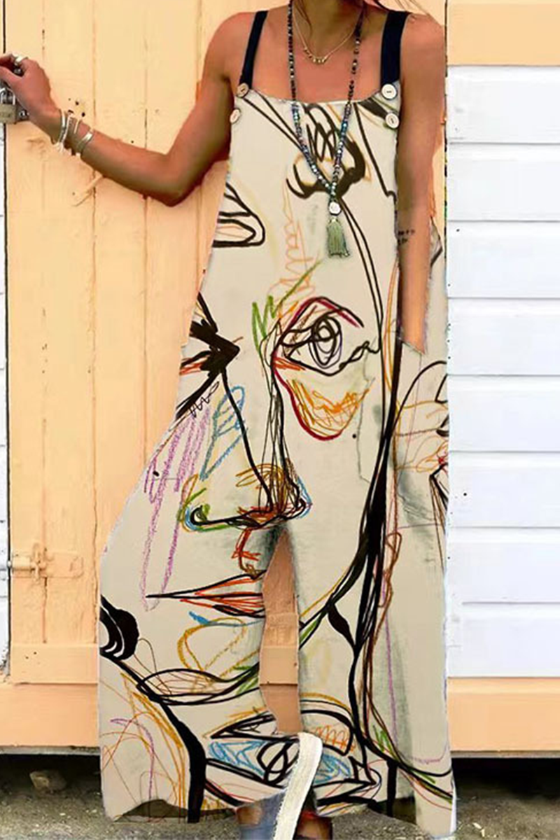 Print Square Collar Loose Jumpsuits(6 Colors)