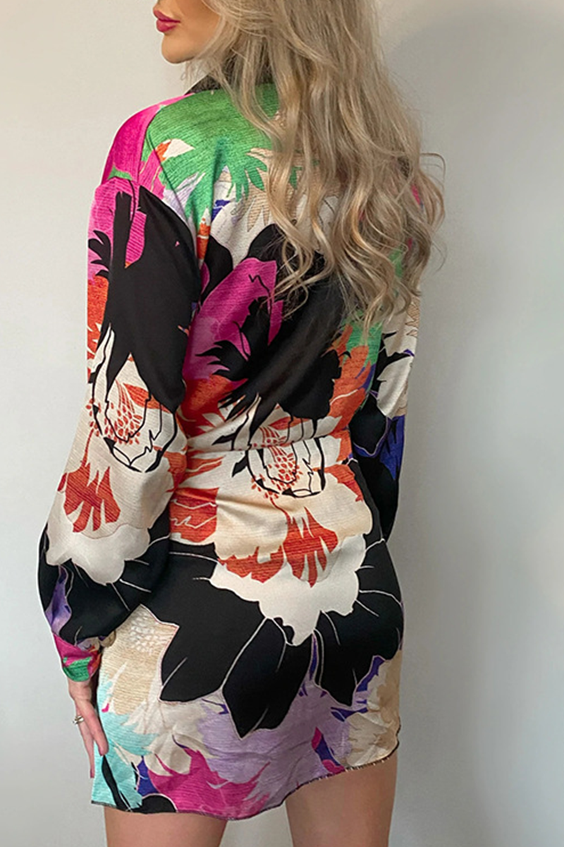 Print Split Joint Turndown Collar Waist Skirt Dresses(5 Colors)