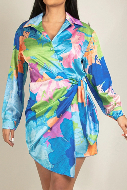 Print Split Joint Turndown Collar Waist Skirt Dresses(5 Colors)