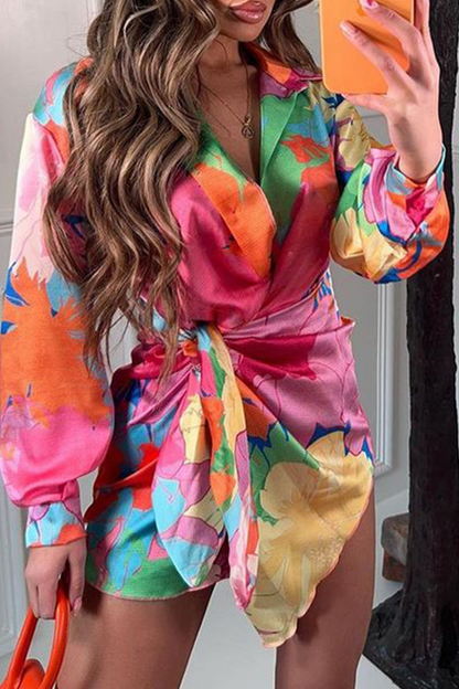 Print Split Joint Turndown Collar Waist Skirt Dresses(5 Colors)