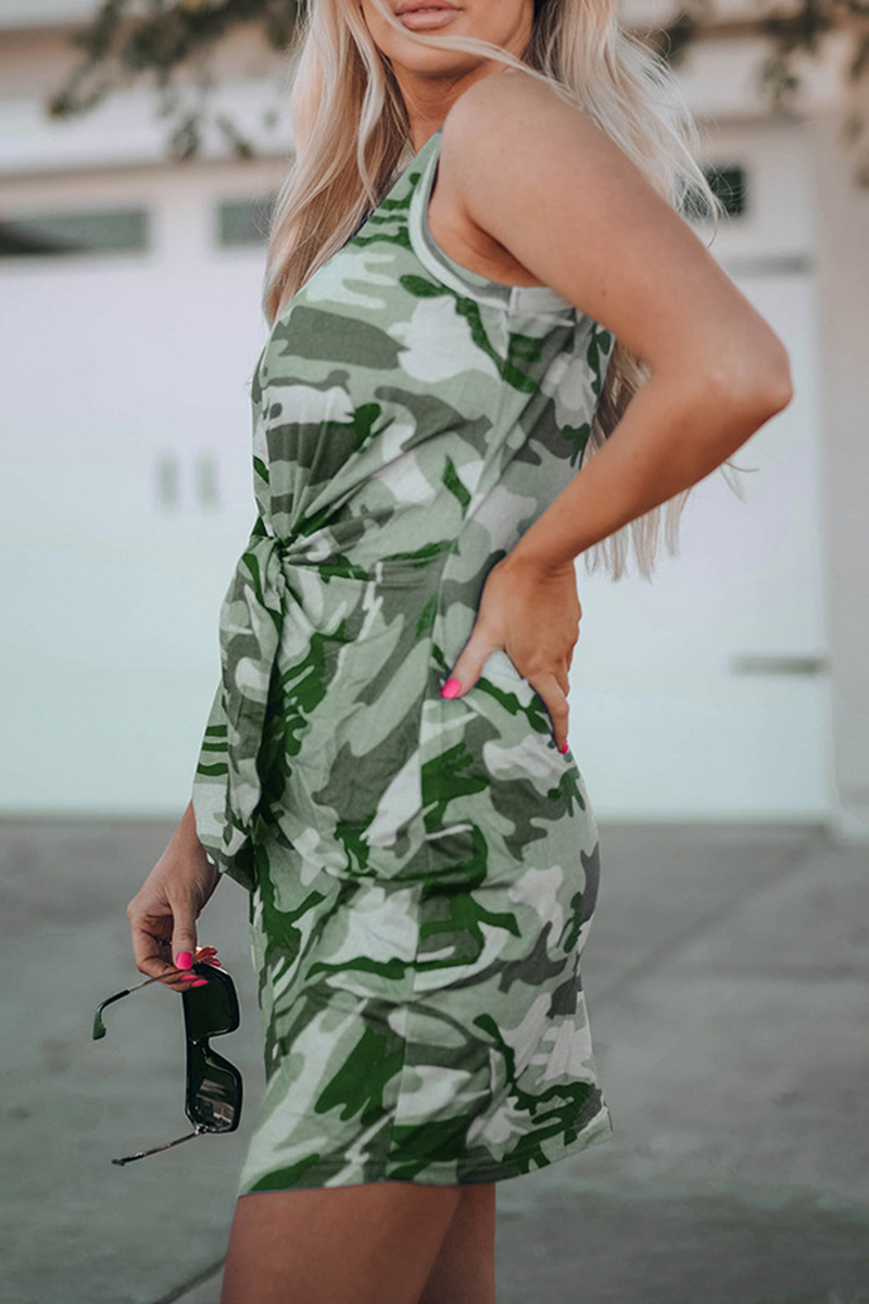 Camouflage Print O Neck Pencil Skirt Dresses