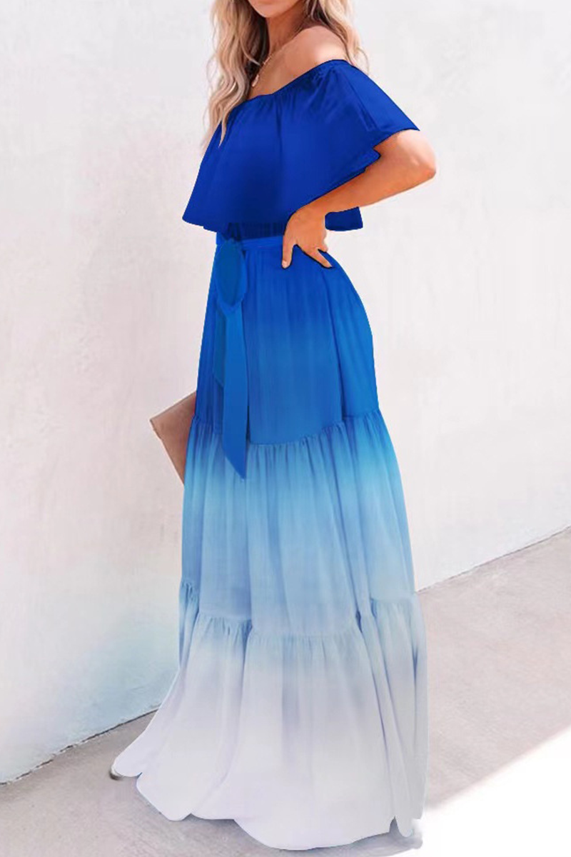 Gradual Change Flounce Off the Shoulder Cake Skirt Dresses