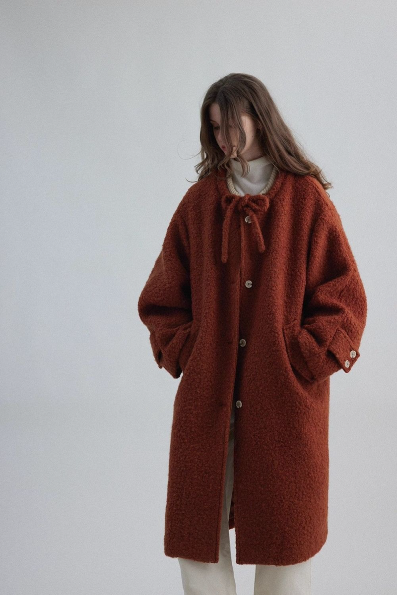 Bow Tie Waist Loose Slim Wool Blend Overcoat