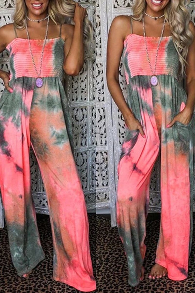 Patchwork Tie-dye Spaghetti Strap Straight Jumpsuits