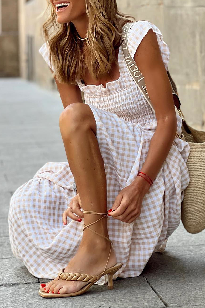 Plaid Patchwork Square Collar Cake Skirt Dresses