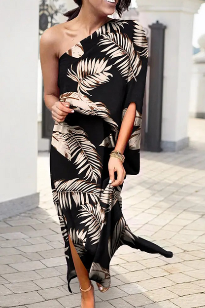 Print One Shoulder Waist Skirt Dresses(5 Colors)