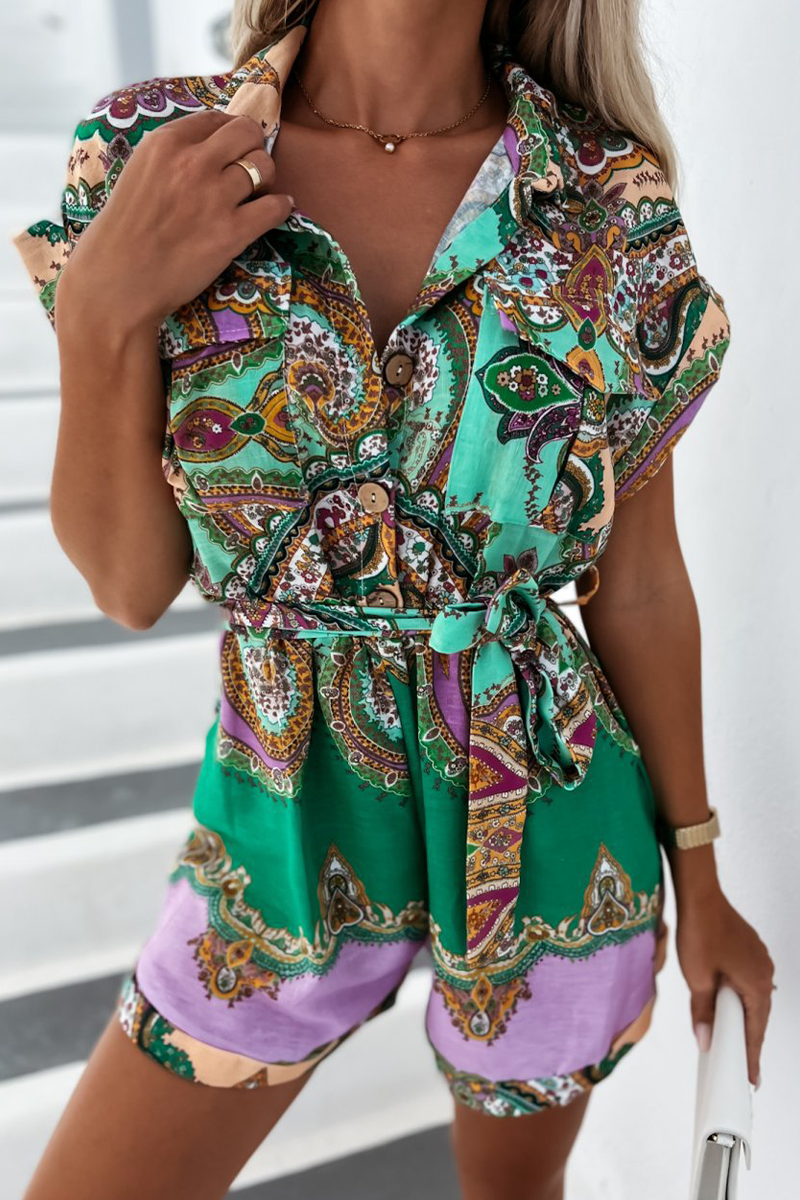Print Patchwork Turndown Collar Straight Jumpsuits(3 Colors)