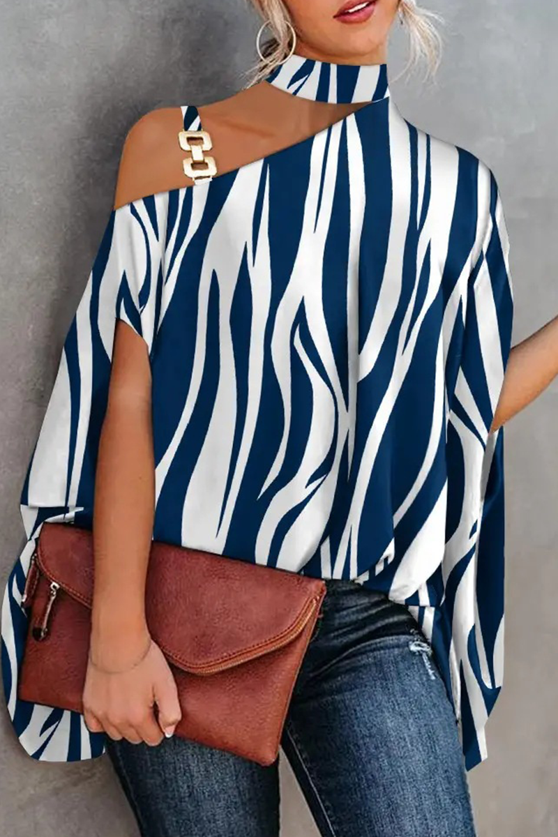 Print Patchwork One Shoulder Blouses(5 Colors)