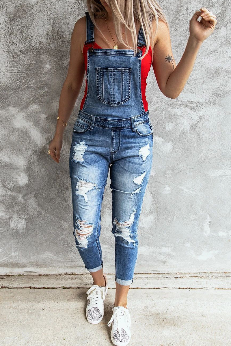 Ripped Square Collar Sleeveless Harlan Denim Jumpsuits