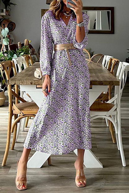Print Patchwork V Neck Waist Skirt Dresses