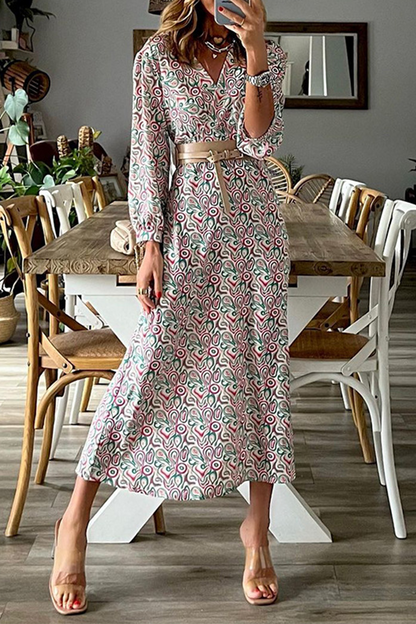 Print Patchwork V Neck Waist Skirt Dresses