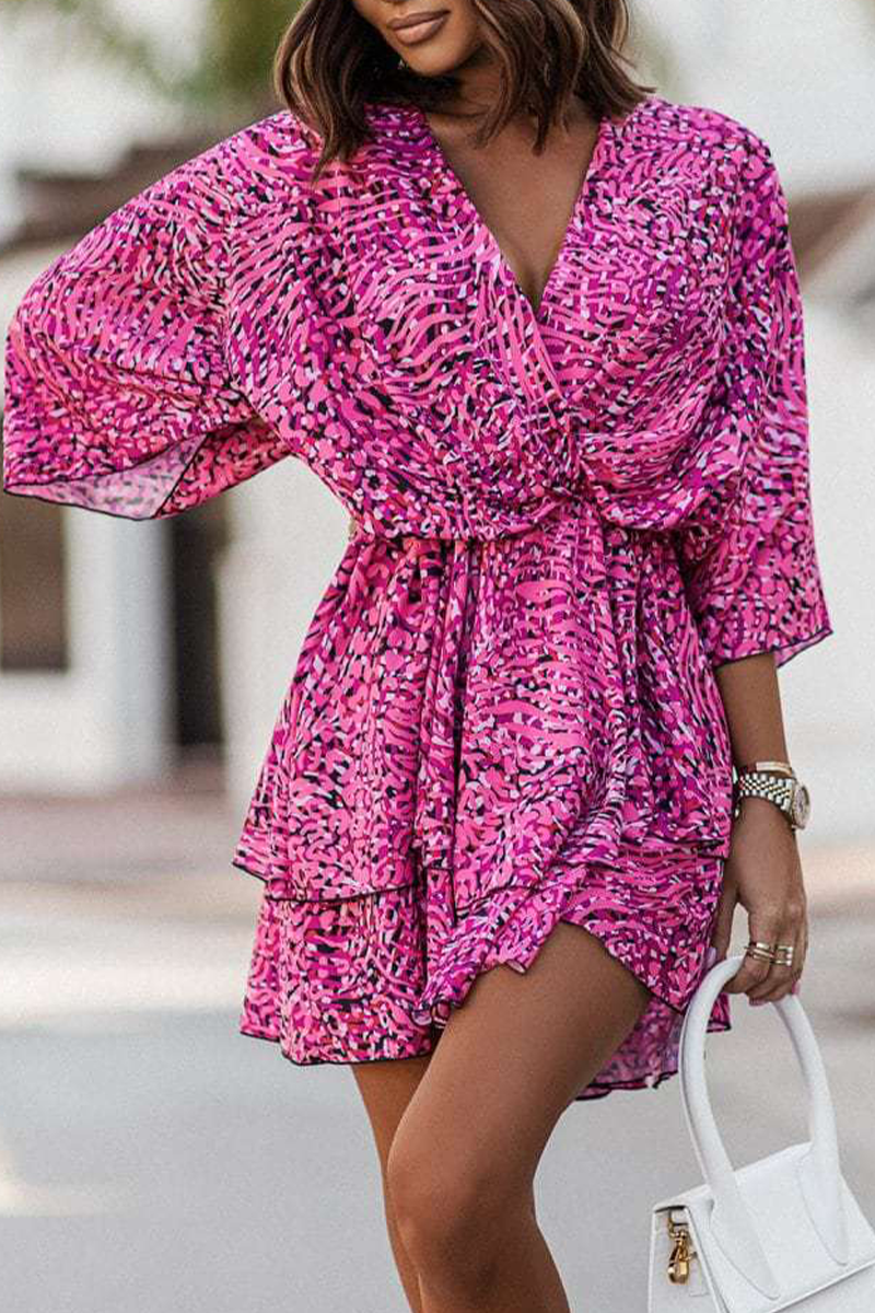 Print Patchwork V Neck Cake Skirt Dresses(4 Colors)