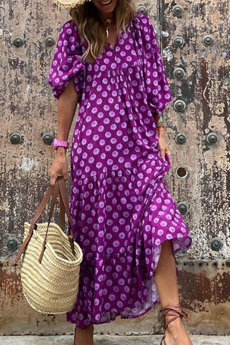 Print Patchwork V Neck Cake Skirt Dresses(10 Colors)