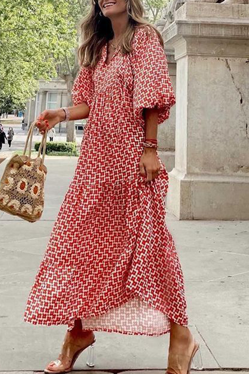 Print Patchwork V Neck Cake Skirt Dresses(10 Colors)