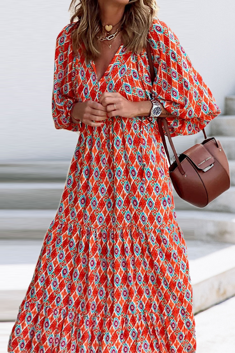 Print Patchwork V Neck Cake Skirt Dresses(10 Colors)