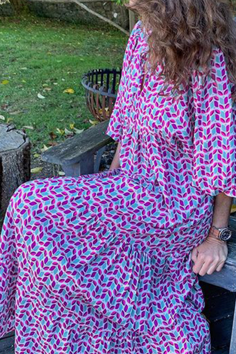 Print Patchwork V Neck Cake Skirt Dresses(10 Colors)