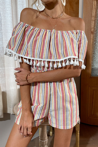 Print Tassel Off the Shoulder Straight Rompers