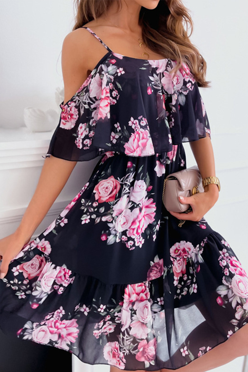 Print Patchwork Spaghetti Strap Cake Skirt Dresses