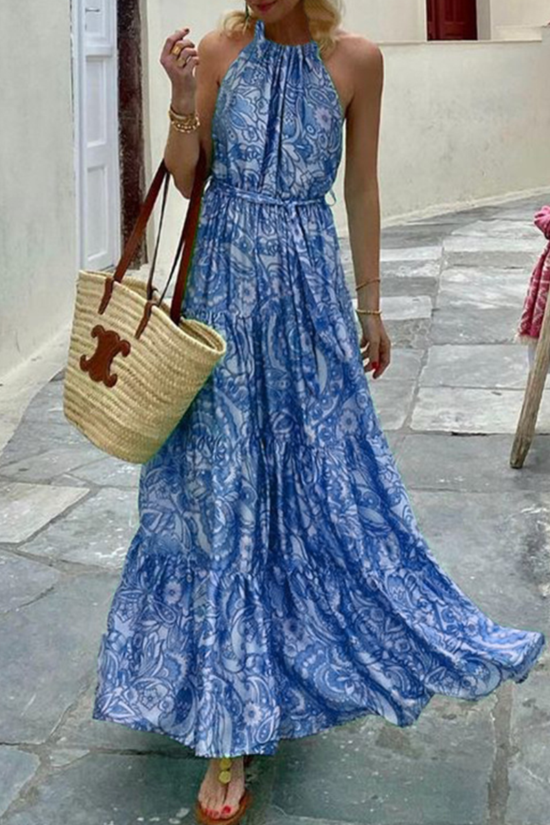 Print Patchwork Halter Waist Skirt Dresses(3 Colors)
