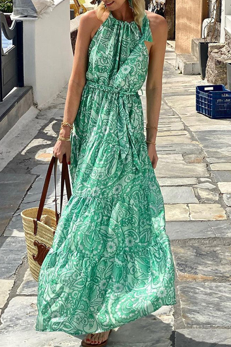 Print Patchwork Halter Waist Skirt Dresses(3 Colors)