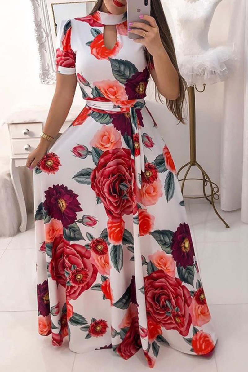 Print Hollowed Out Half a Turtleneck Cake Skirt Dresses