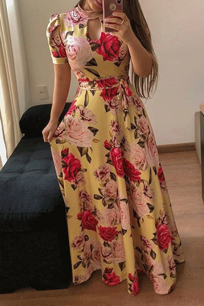 Print Hollowed Out Half a Turtleneck Cake Skirt Dresses