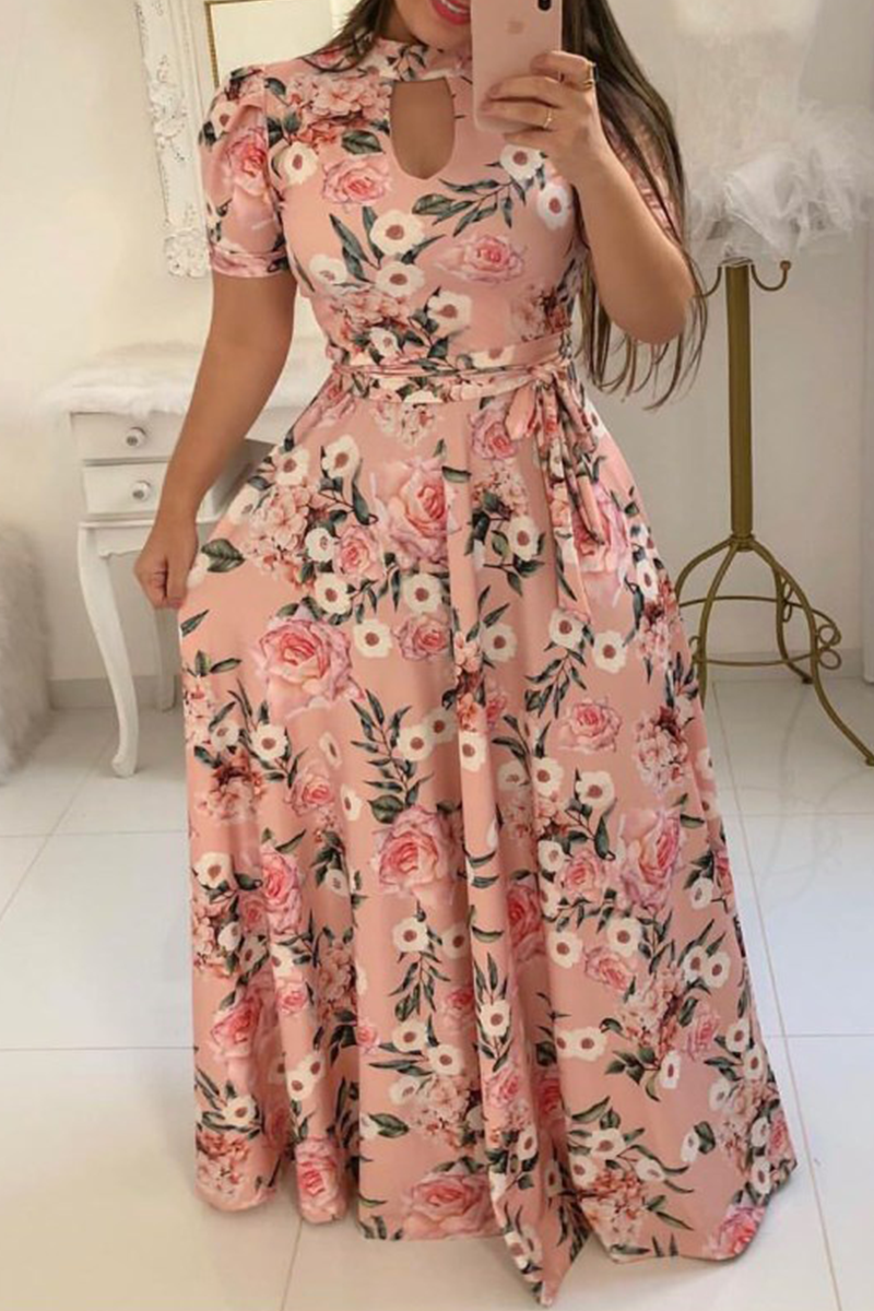Print Hollowed Out Half a Turtleneck Cake Skirt Dresses