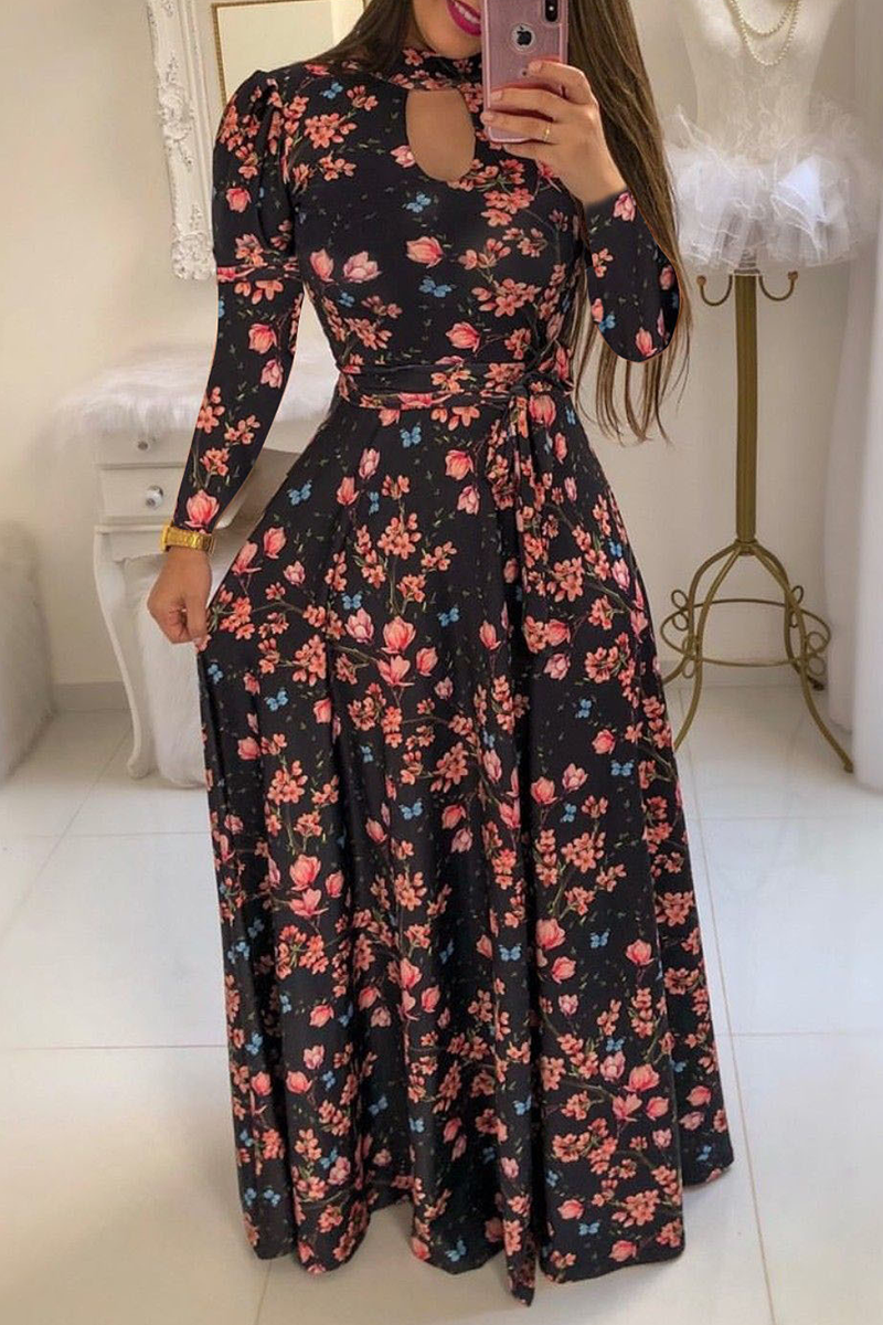 Vacation Print Hollowed Out Half a Turtleneck Cake Skirt Dresses(13 Colors)