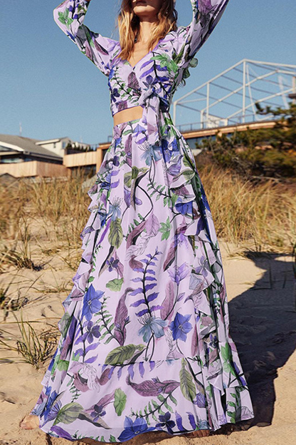 Print Patchwork V Neck Cake Skirt Dresses