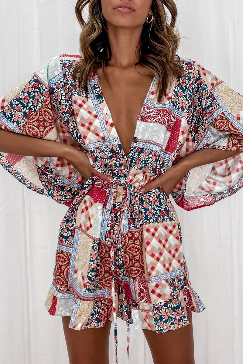 Print Patchwork V Neck Straight Jumpsuits(7 Colors)