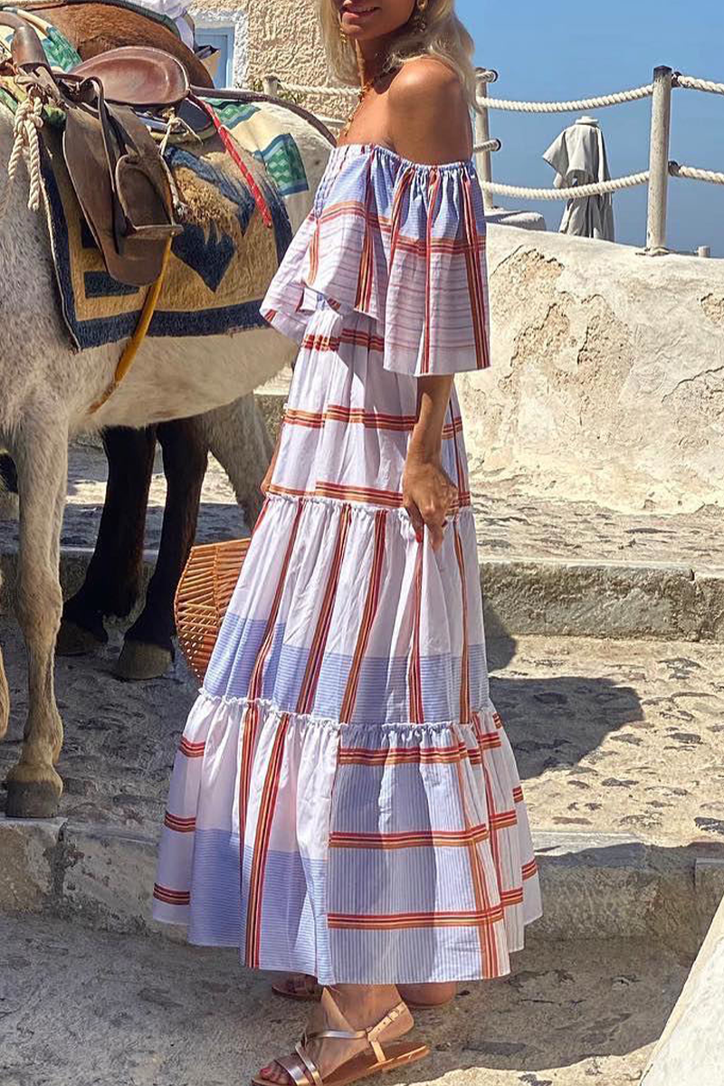 Print Patchwork Off the Shoulder Cake Skirt Dresses(3 Colors)